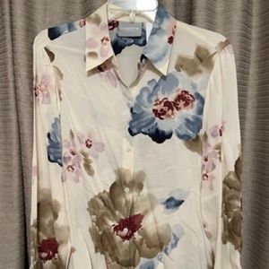 Liz Claiborne Sheer Long Sleeve Blouse with Navy Brown & Burgundy Flowers